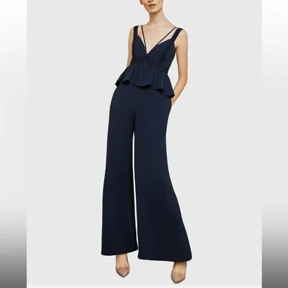 BCBGMAXAZRIA Navy Crepe Embroidered Peplum Jumpsuit - Picture 1 of 13